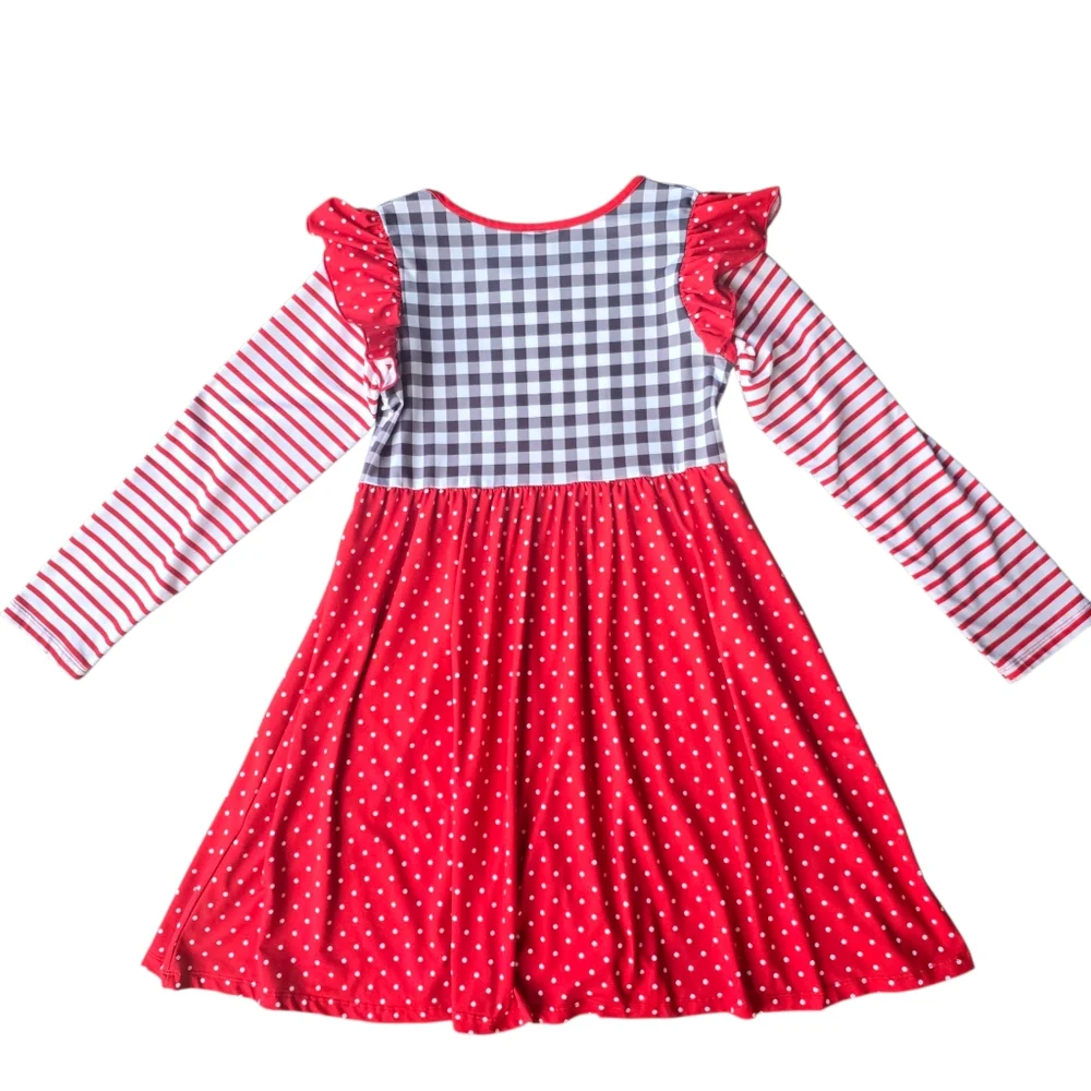 Penelope Plumm Festive Red Santa Checker Dress Ruffle Long Sleeves Size 12